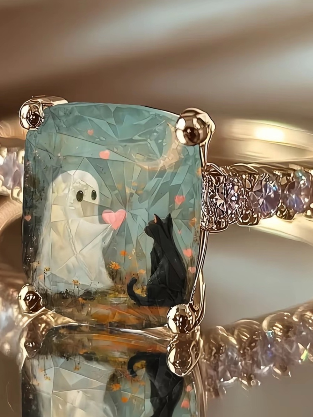Gold-Tone Mint Green Ghost & Cat Decorative Ring - Picture 2 of 3